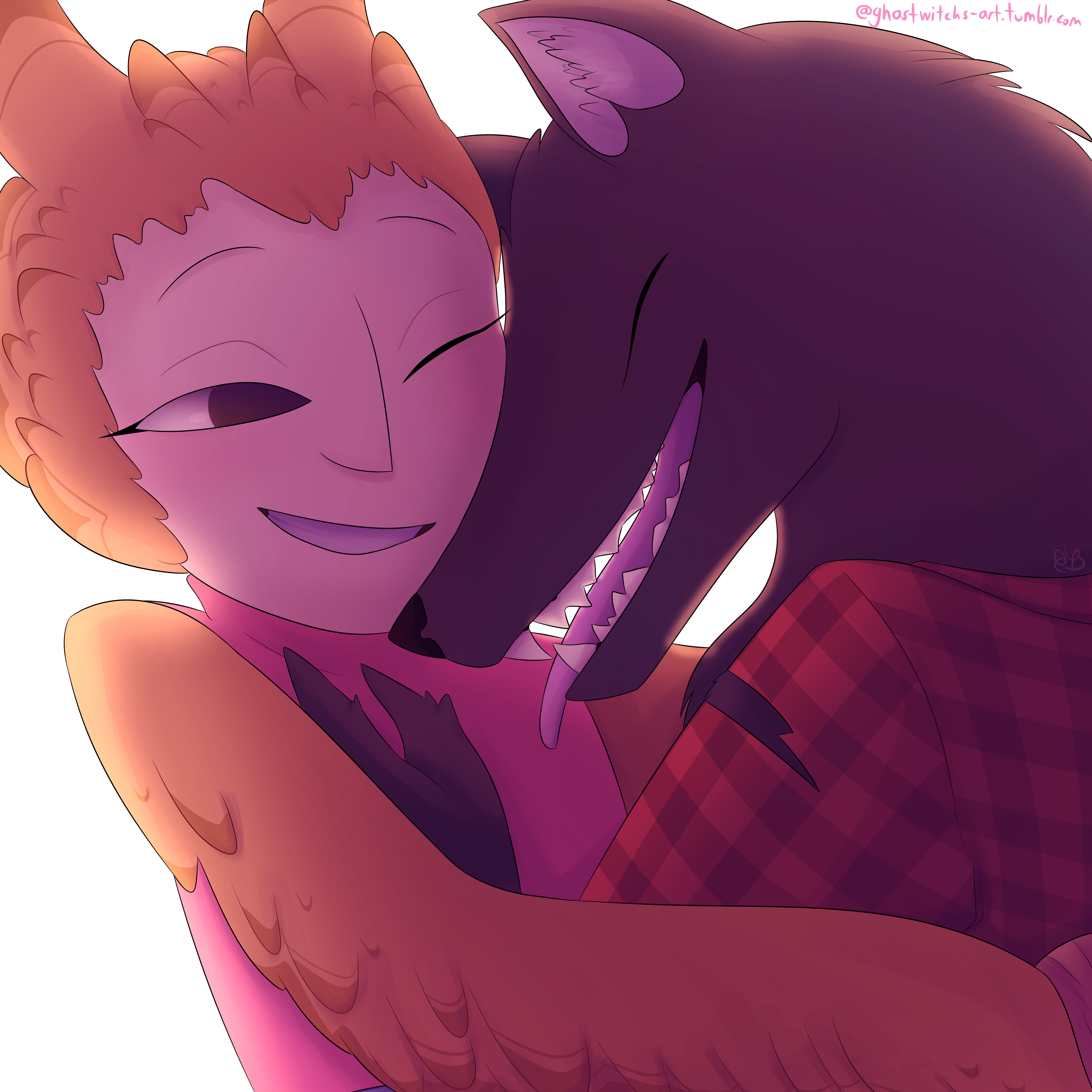 Valentine and Hunter are hugging. The sun is brightly lighting them from behind and they both look very happy