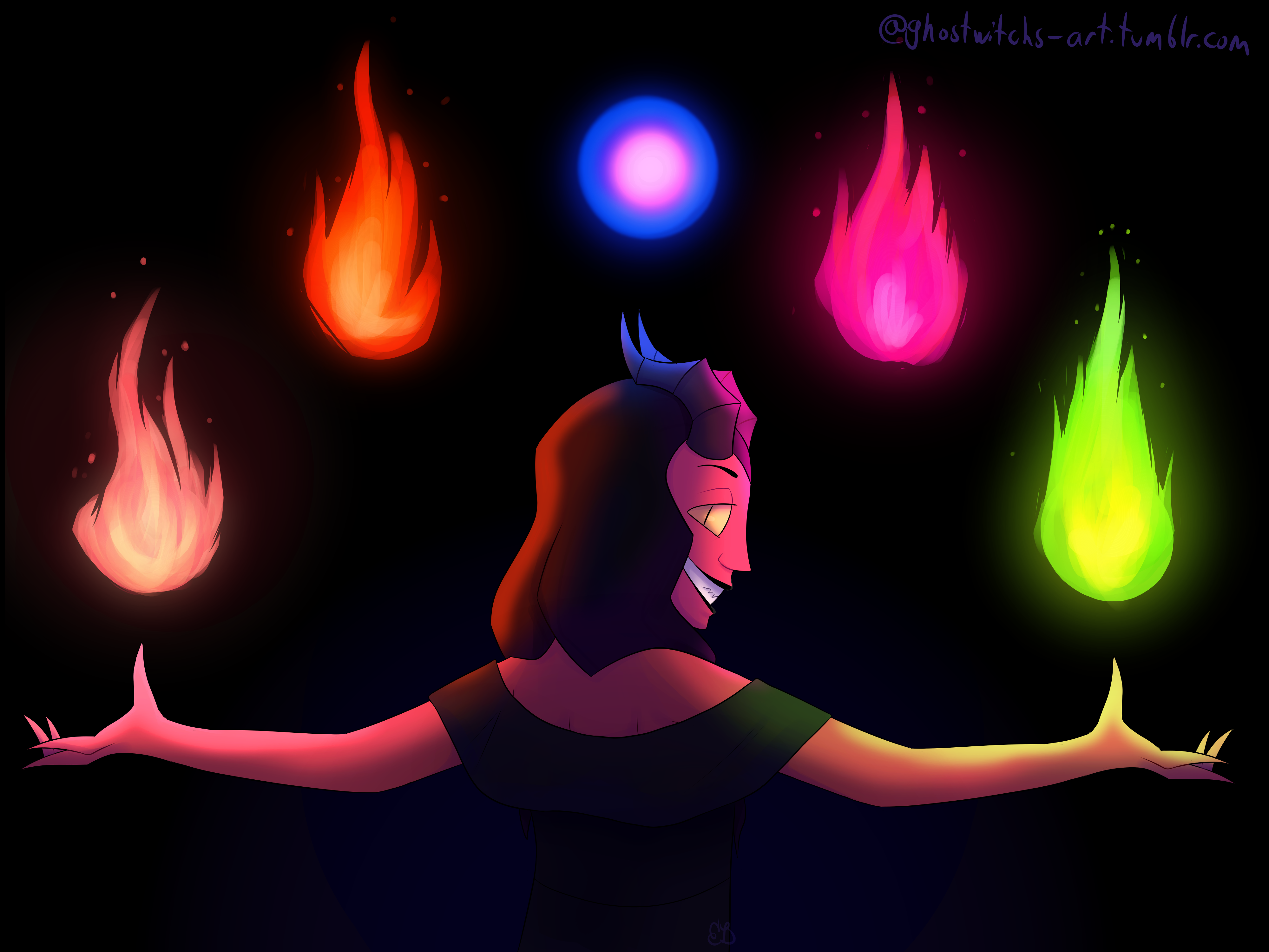 Edith wearing a dress and holding out her arms. Her back is to the camera but her head is turned to look at it with a confident expression. Above her, 5 balls of fire of varying size and color are floating.