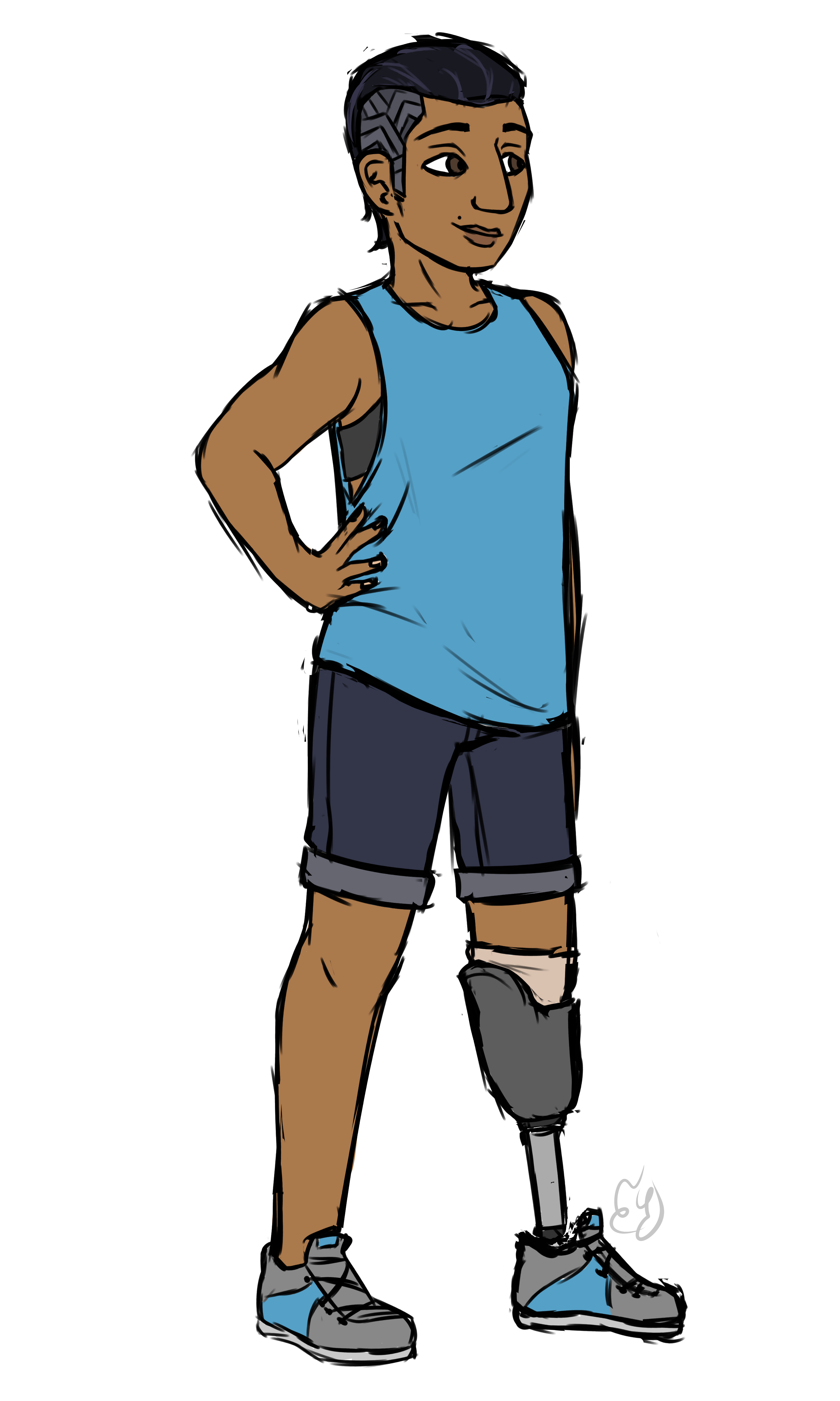 Colored sketch of Andrea. He is an Indian person with undercut hair, wearing a tank top and shorts. His left leg has a below-the-knee prosthetic limb.