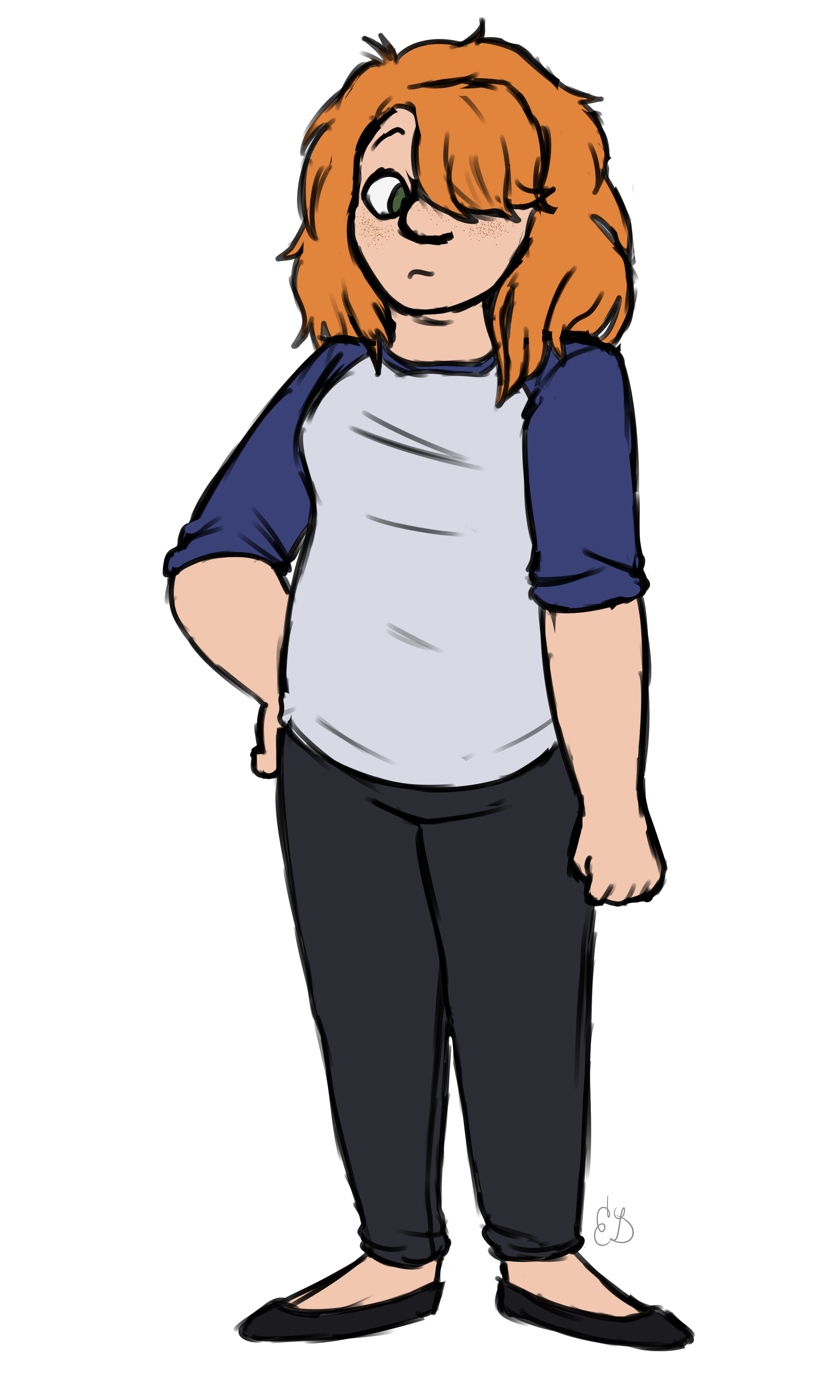 Colored sketch of Carmen. She is a white woman with medium-length curly orange hair, wearing a raglan shirt and leggings as pants.
