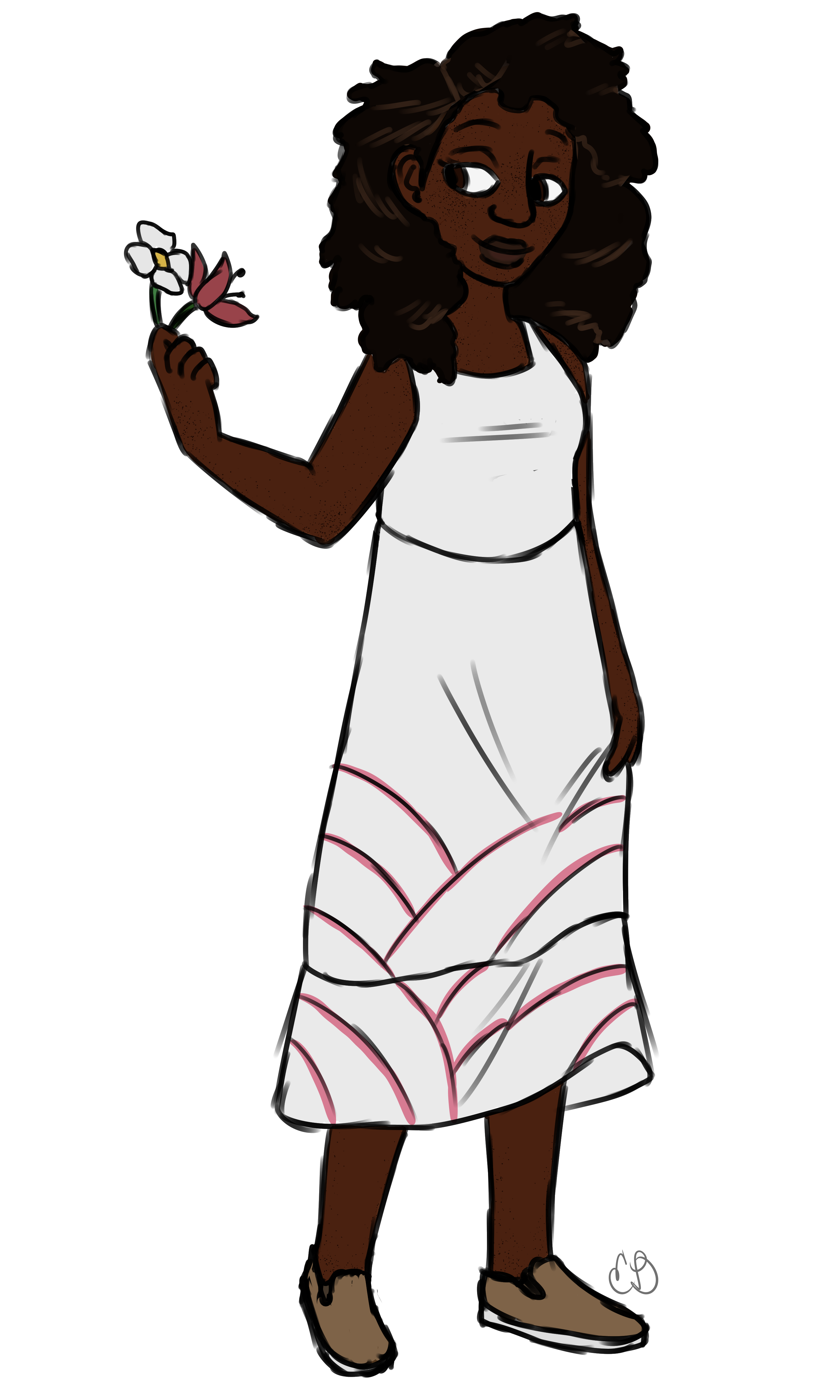 Colored sketch of Jodie. She is a black woman with long curly hair, wearing a white dress and slip-on shoes.