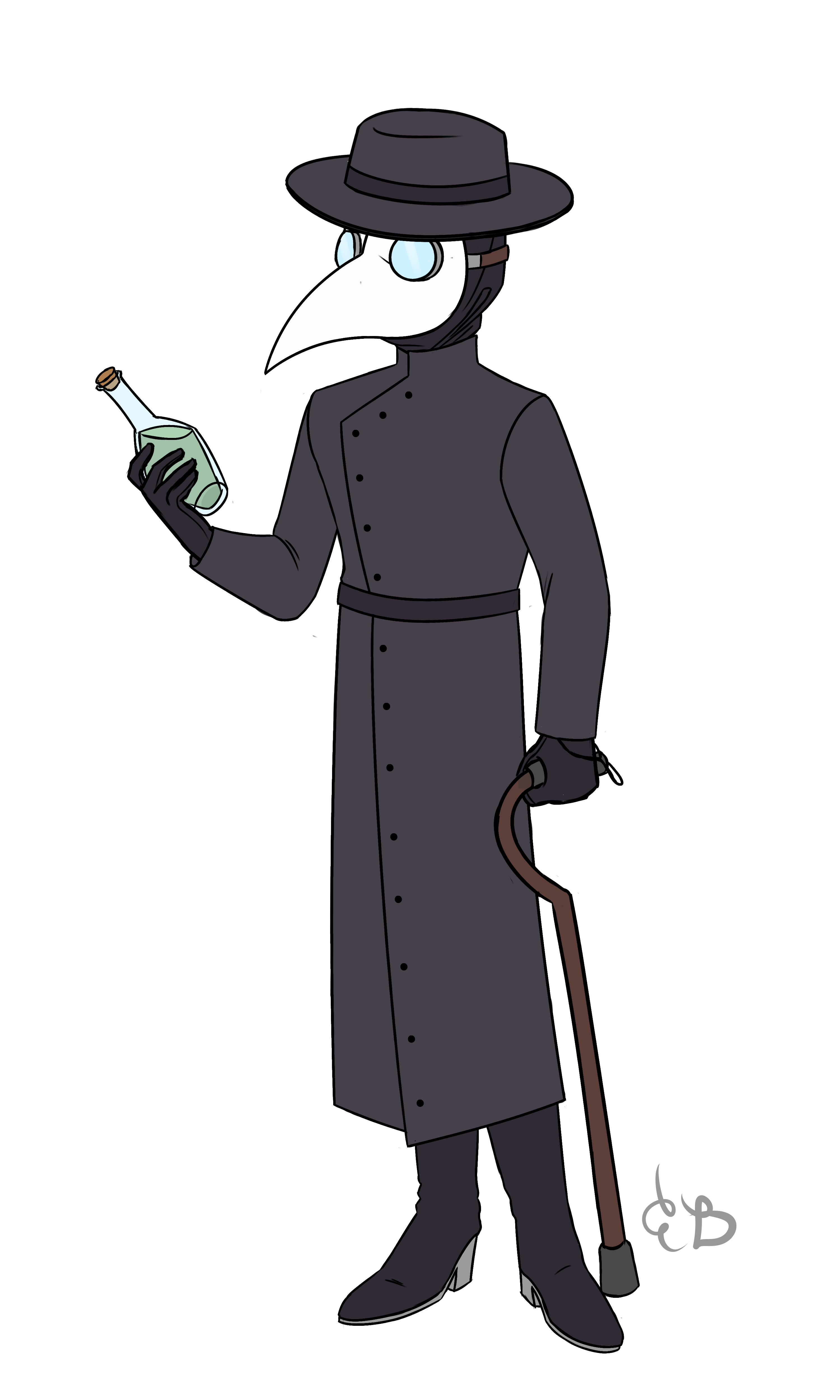 Colored sketch of Clément. They are a person whose features cannot be discerned, as they are wearing a plague mask, a wide brimmed hat, a coat reminiscent of a scientist, rubber boots, and gloves. They also have a cane.