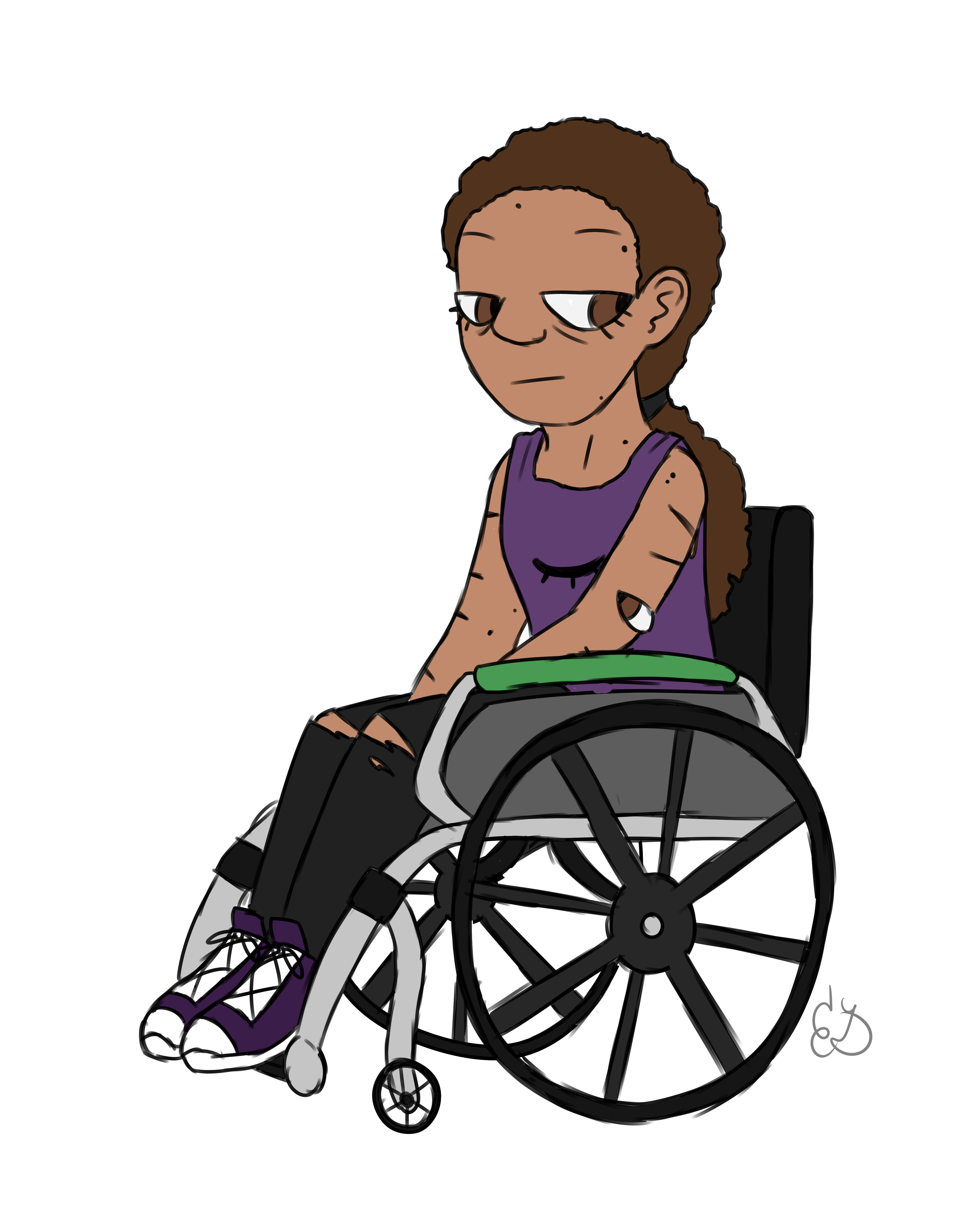 A short brown woman in a wheelchair. She has curly brown hair pulled into a loose ponytail and lines of closed eyes running down her arms, one of the eyes is open.