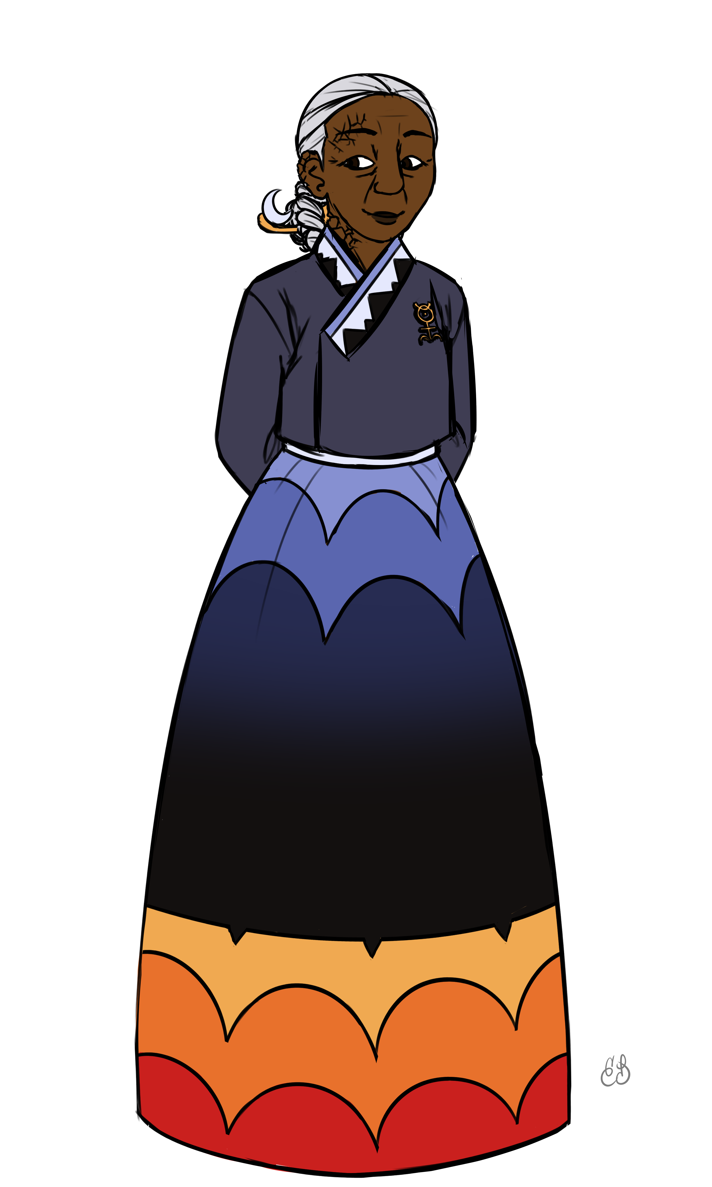 Colored sketch of Ji-Won. She is a Korean woman of middle age, having gray hair tied back in a with a moon-shaped pin. She is wearing a hanbok with designs reminscent of mountains, the sea, and lava on it, though they are very simple. She has a pin on her chest of the Monas Hieroglyphic. On her face and neck appear to be cracks, similar to that of dry soil or rocks.