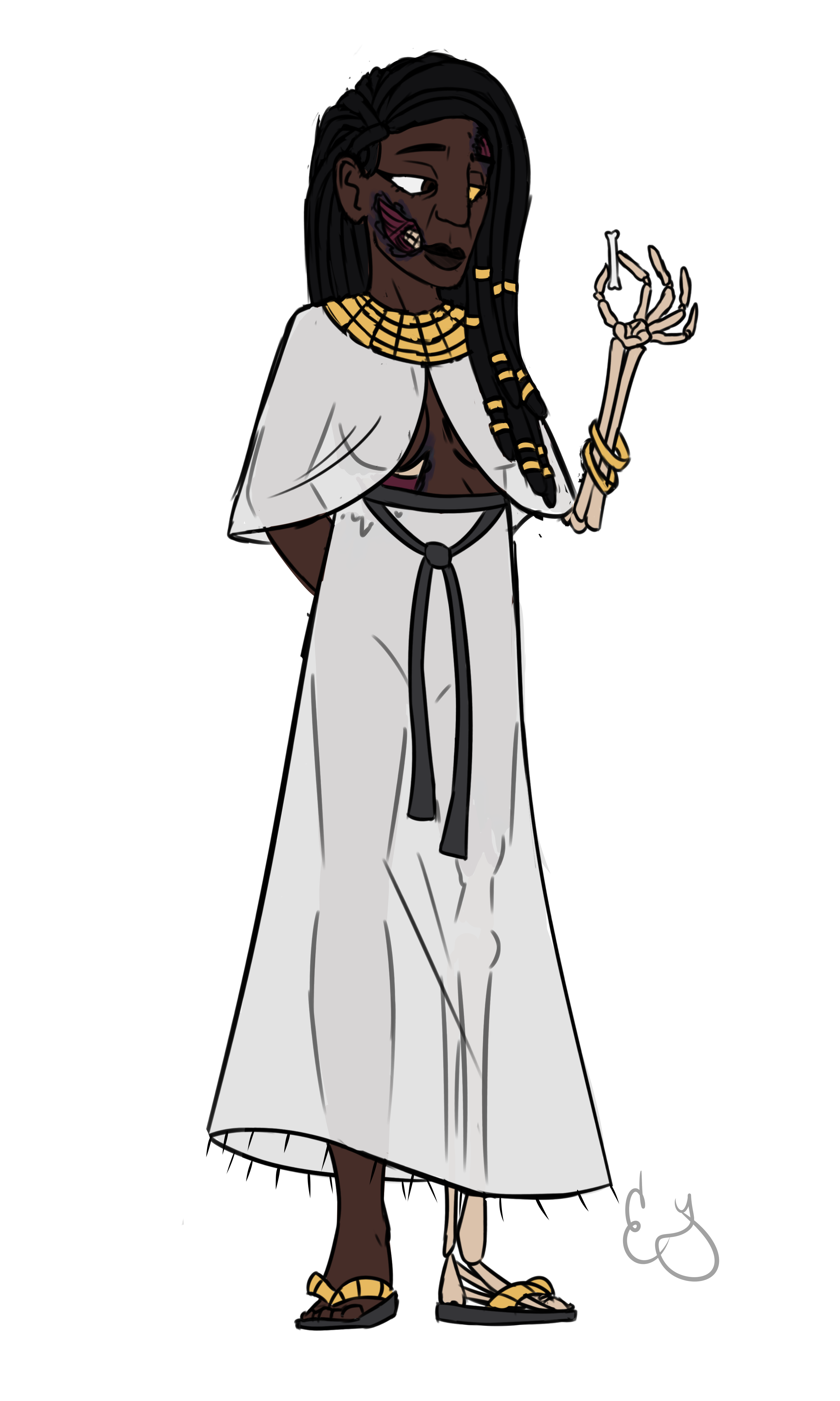 Colored sketch of Nepthys. She is a black Egyptian woman with long dreads. She has two skeletal limbs, one arm and one leg, and appears to have spots of rotting flesh scattered across her body. She also has a prosthetic left eye painted a gold color. She is wearing a flowy white skirt and a cloak-like article over her shoulders. Both garments have a very slight transparency to them.