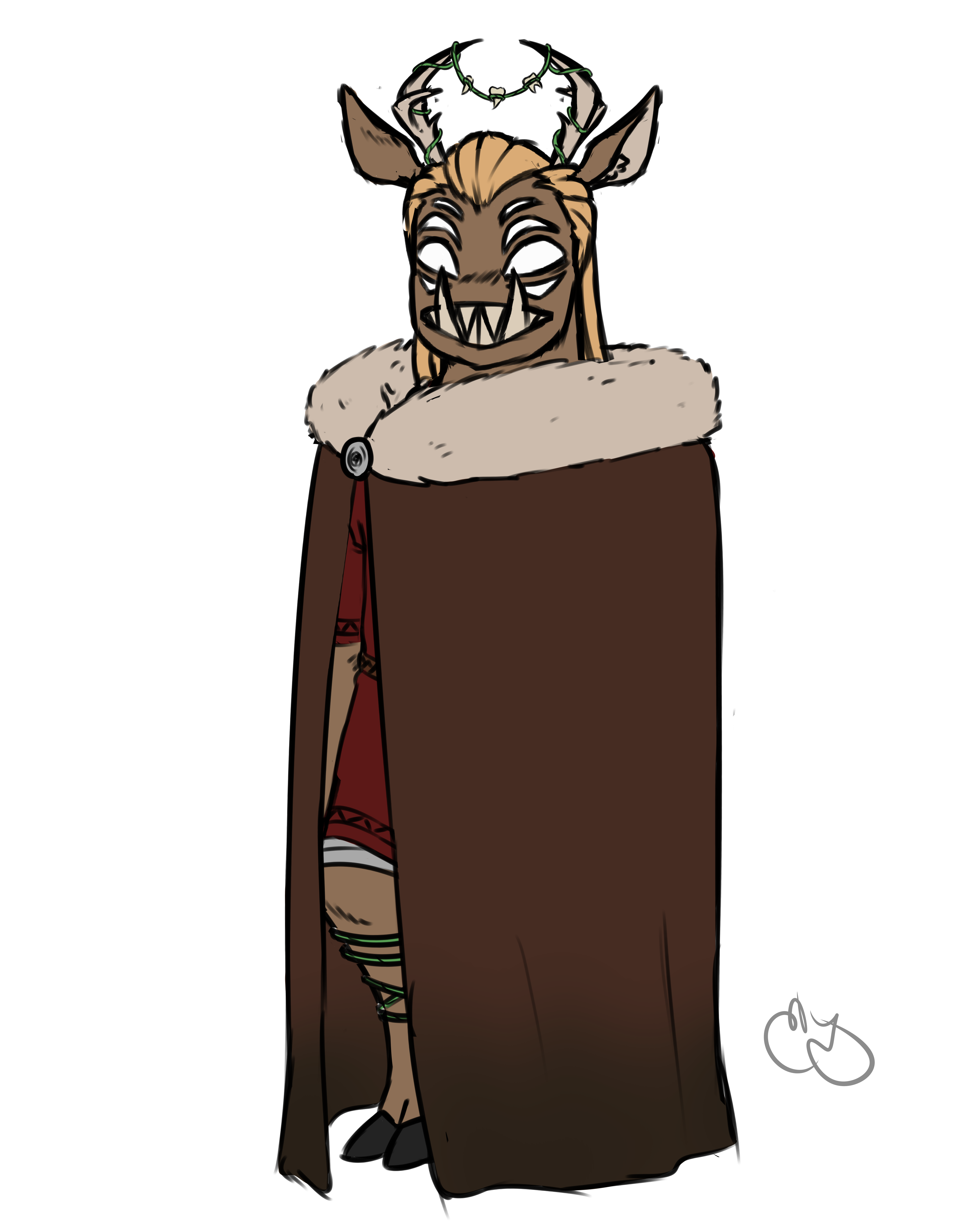 Colored sketch of Ylva. She is a woman of animalistic appearance, appearing to have short brown fur covering her body, deer-like antlers and ears, a wide mouth with sharp teeth and large tusks that prevent it from fully closing, and cloven hooves. She is also lacking a nose and has eight eyes. She is wearing a dark brown fur cloak over a simple red tunic, with some vines wrapped around her legs and antlers, the latter of which also has various small animal teeth tied to them.