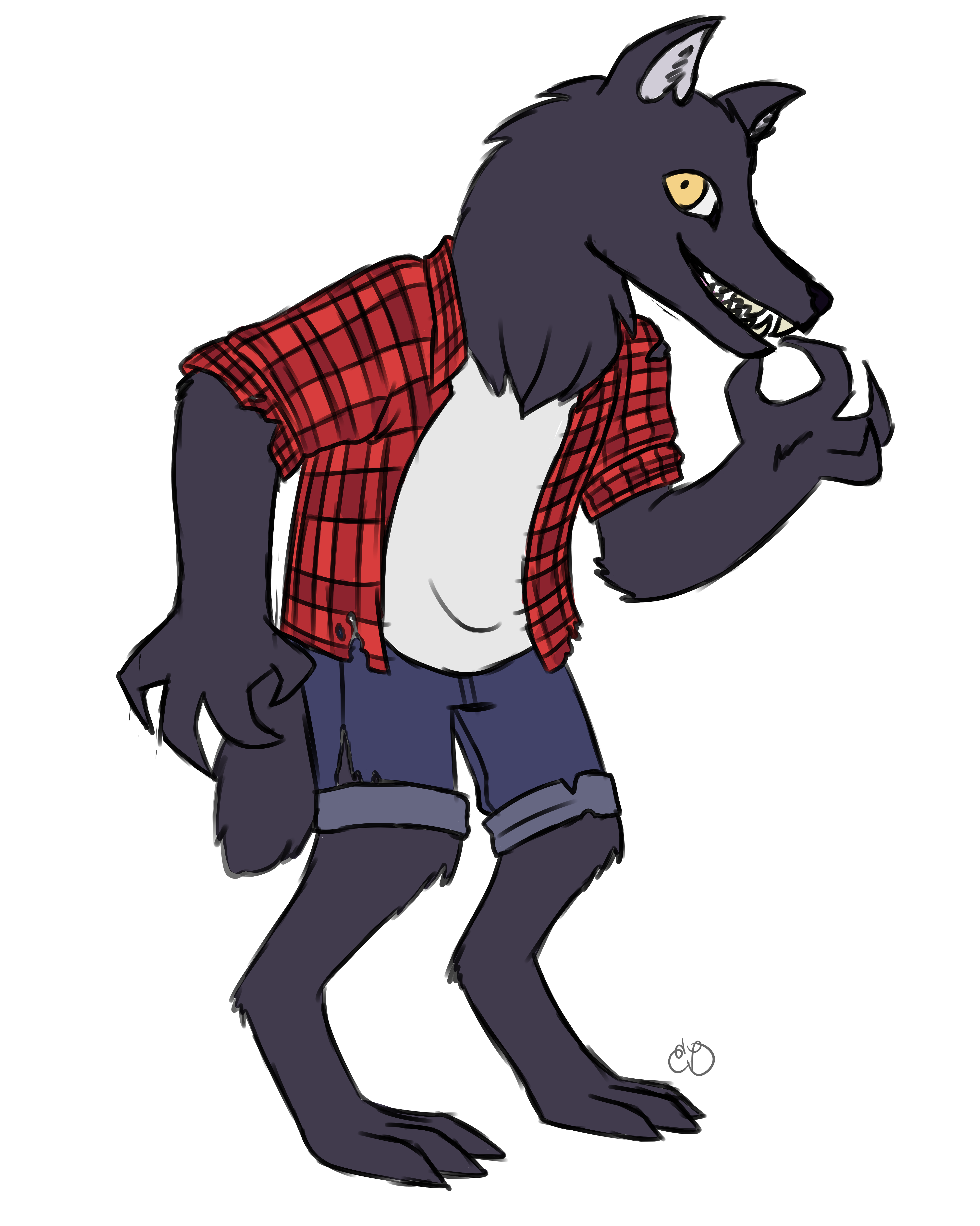 Colored sketch of Hunter. She is a werewolf with dark gray fur and yellow eyes. She is wearing a red flannel over a white t-shirt and jean shorts. Her clothes have small tears in various places.