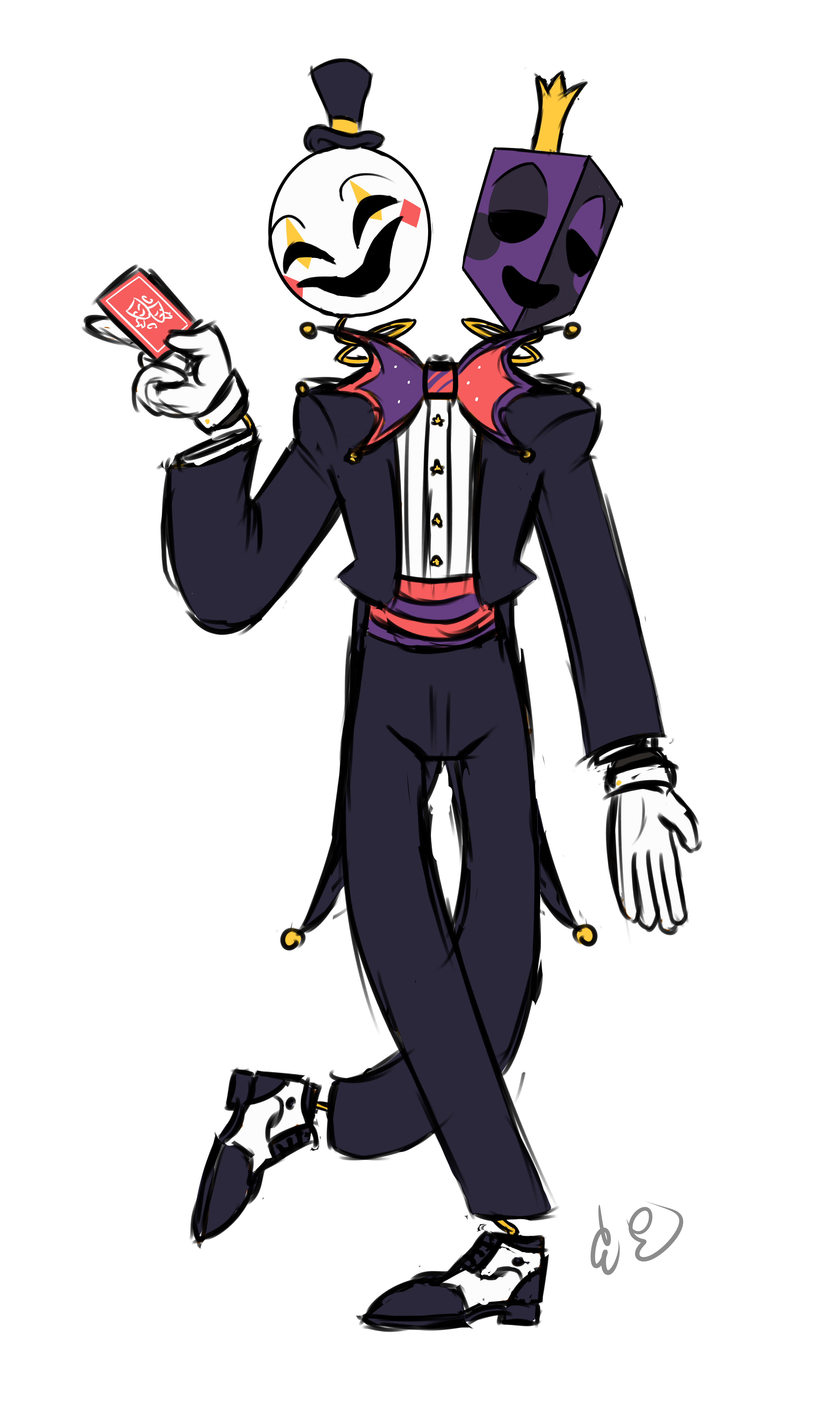 Colored sketch of KnickKnack. They are a robotic clown of two heads. The left head, Knick, is round and white with pointed features and pink and yellow makeup. The right head, Knack, is a squarish purple and black mask with rounded features and makeup of the same colors. They are wearing a magician's tuxedo with a large bow in pink and black. Knick is also  wearing a small top hat, while Knack is wearing a small crown.