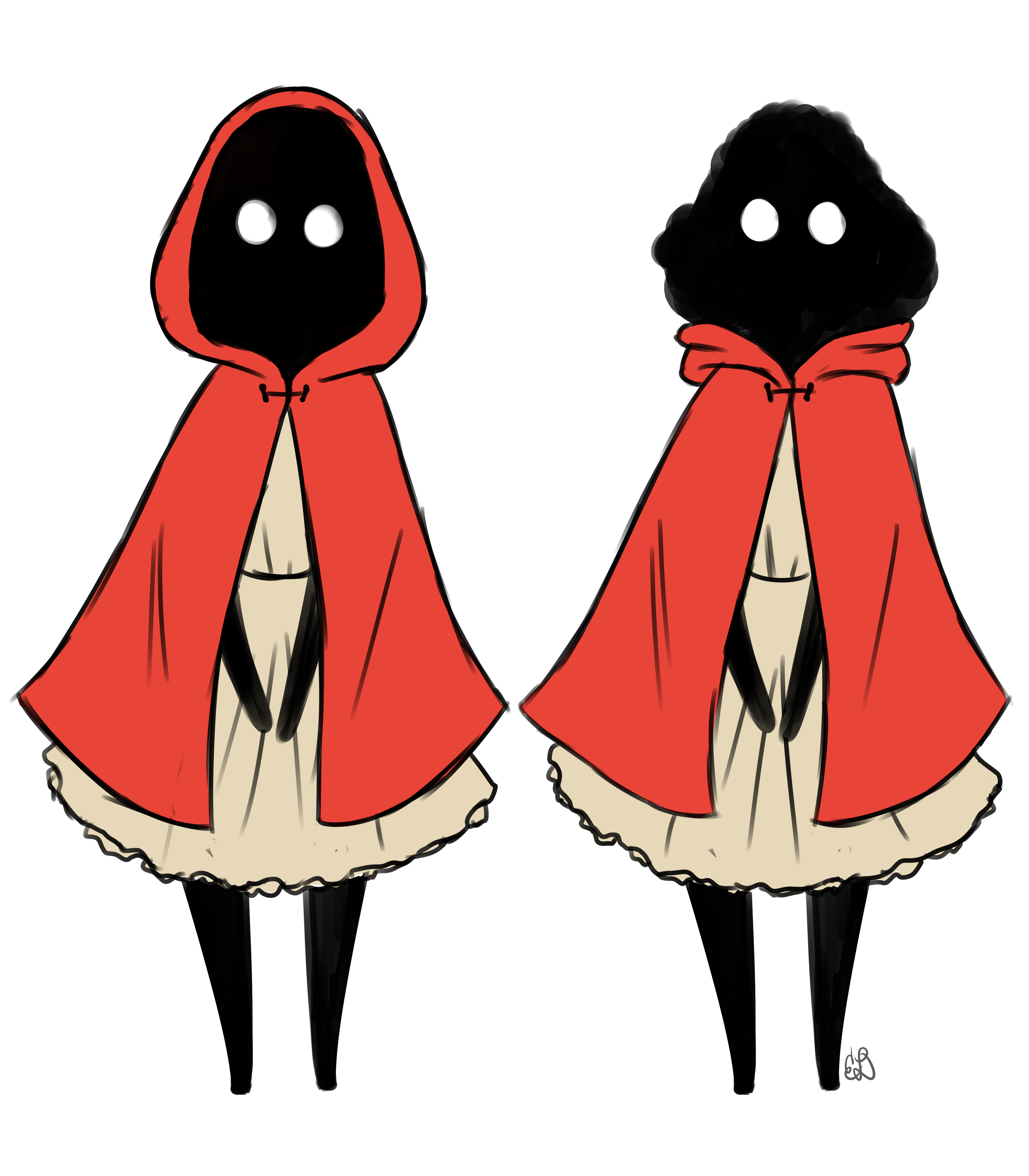 Colored sketch of Lilith. She is a short, humanoid shaped being of pure magic. She is pitch black with white eyes being her only distinct features. She appears to have short curly hair, and her body seems cloudy. She is wearing a short tan dress and a bright, red, hooded cloak.