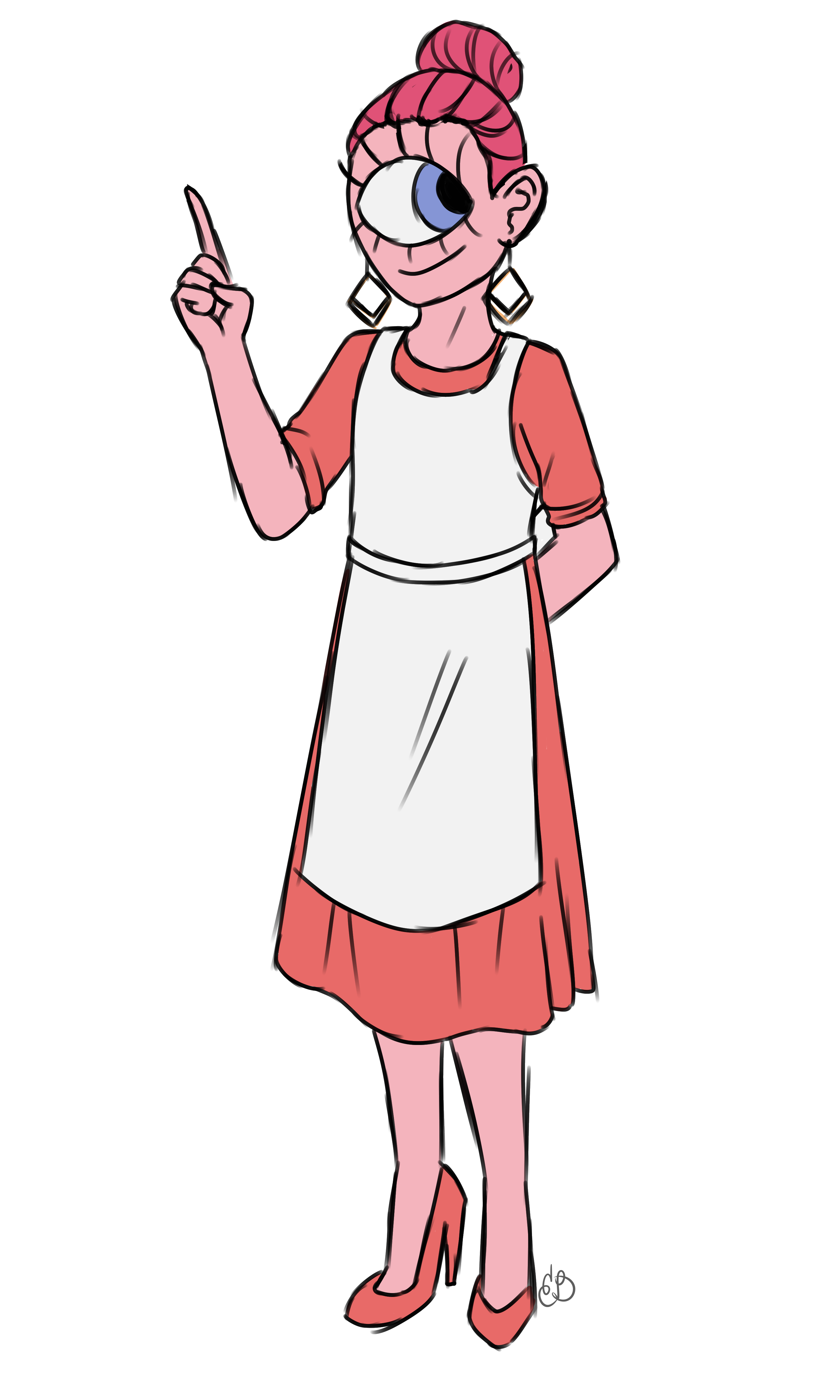Colored sketch of Lucy. She is a cyclops woman with a pink complexion and darker pink hair. Her singular eye is blue and she has no nose. She is wearing a short shirt dress with a white apron and high heels.
