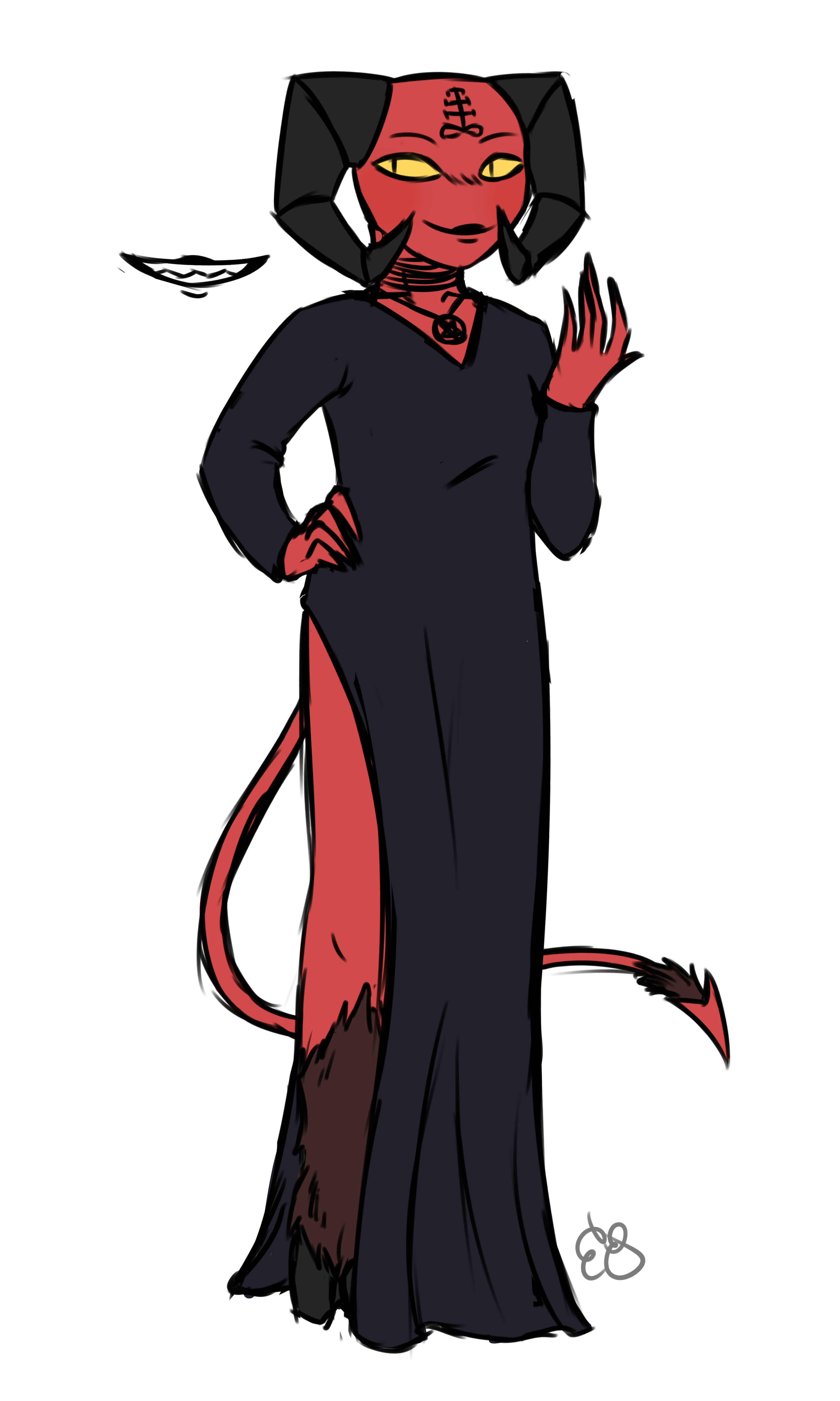 Colored sketch of Diana. She is a woman with a demonic appearance, having red skin, yellow eyes with slit pupils, angular curved horns, cloven hooves, and a pointed tail. Her legs and the end of her tail are covered in short brown fur, and she has no hair on her head. She is also lacking a nose and ears. The brimstone symbol is tattooed on her forehead. She is wearing a long slit dress and a necklace featuring the inverted pentacle.