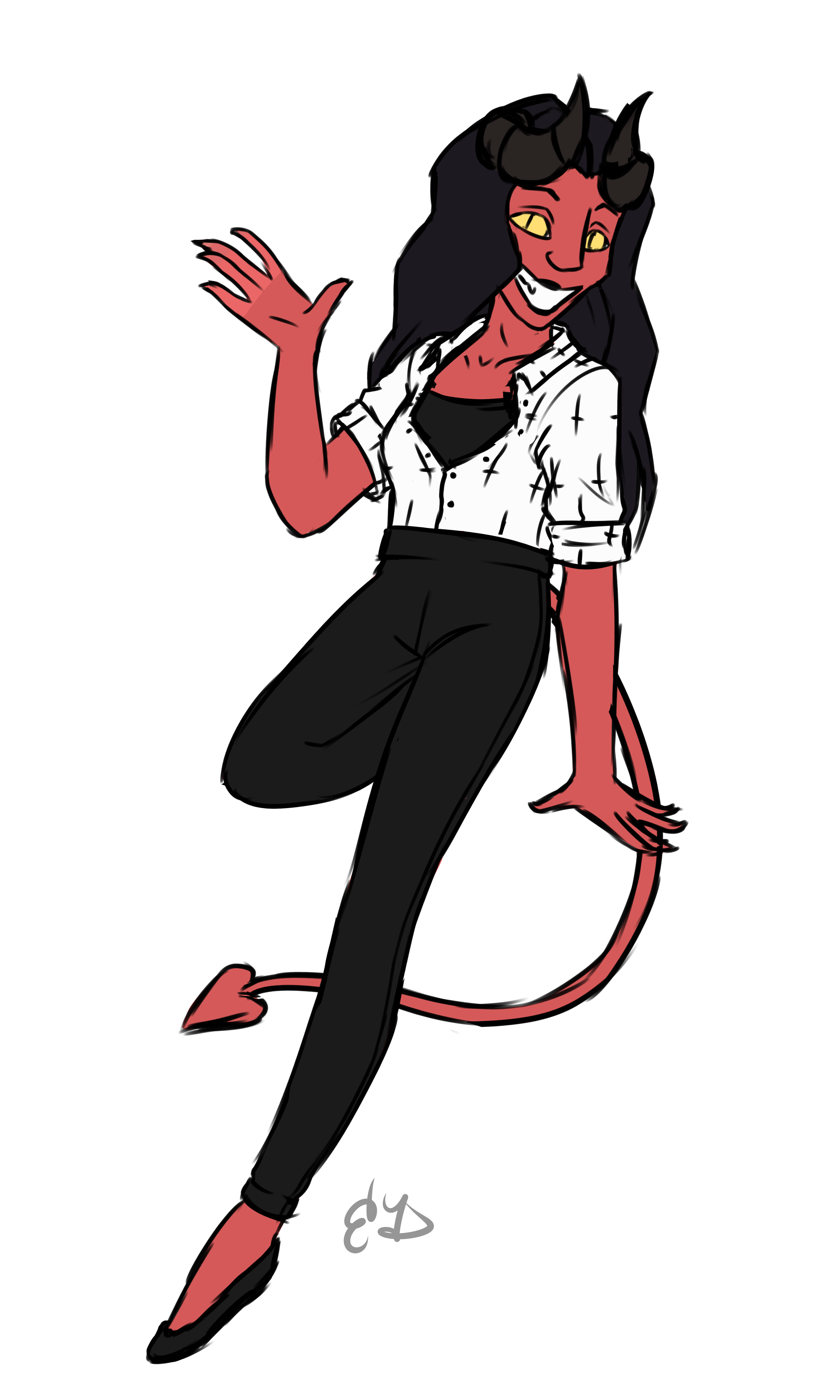 Colored sketch of Edith. She is a woman with red skin that is paler than her mother's. Her eyes are yellow with slit pupils, and she has a furless pointed tail that is more heart shaped. Her horns curve upward from her scalp. Unlike her mother, she has a nose and long black hair on her head. She is wearing an open buttoned shirt featuring an inverted cross pattern, which is tucked into her dress pants.